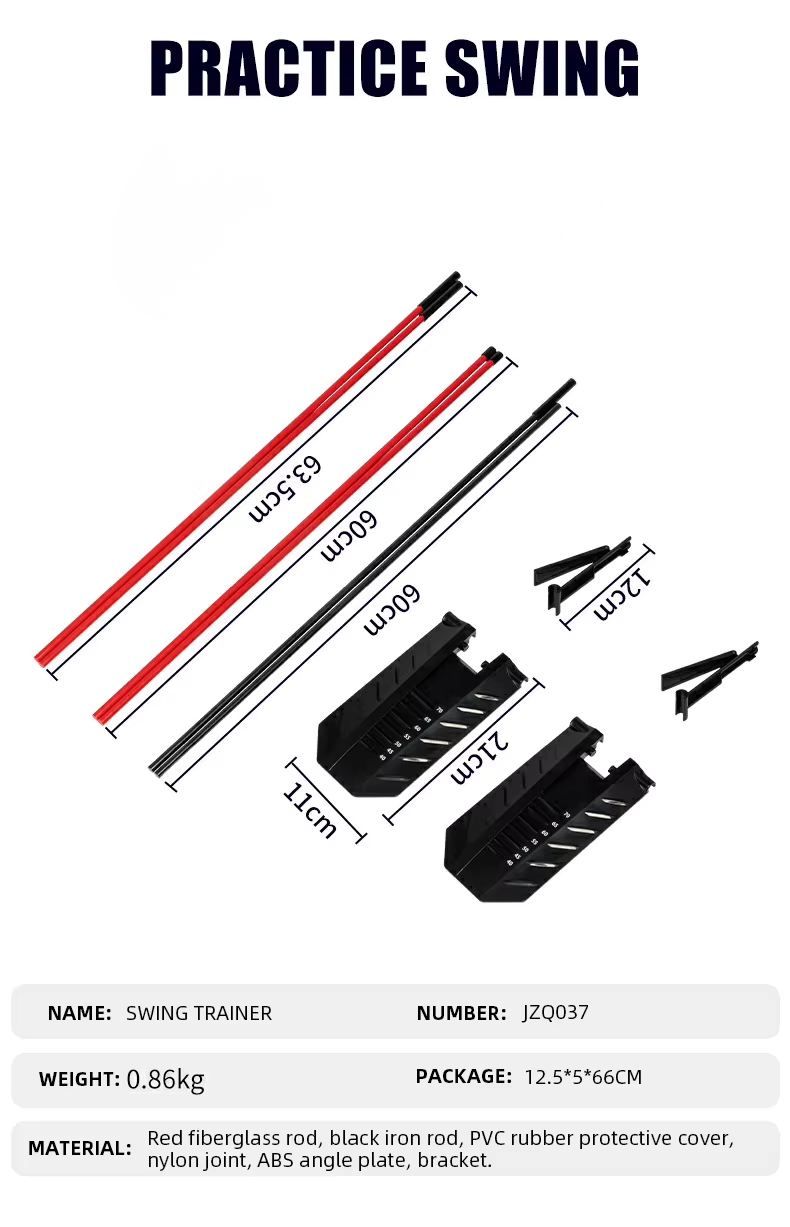 Swing trainer exercise equipment set with red and black resistance rods, black angle plates, and mounting brackets, shown with dimension labels and product details on a white background.