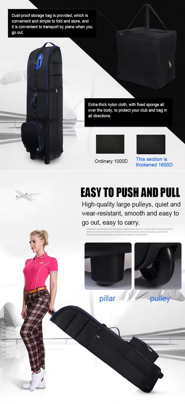 WanderS Travel Cover Golf Bag Waterproof Nylon Golf Travel Bag With Wheels
