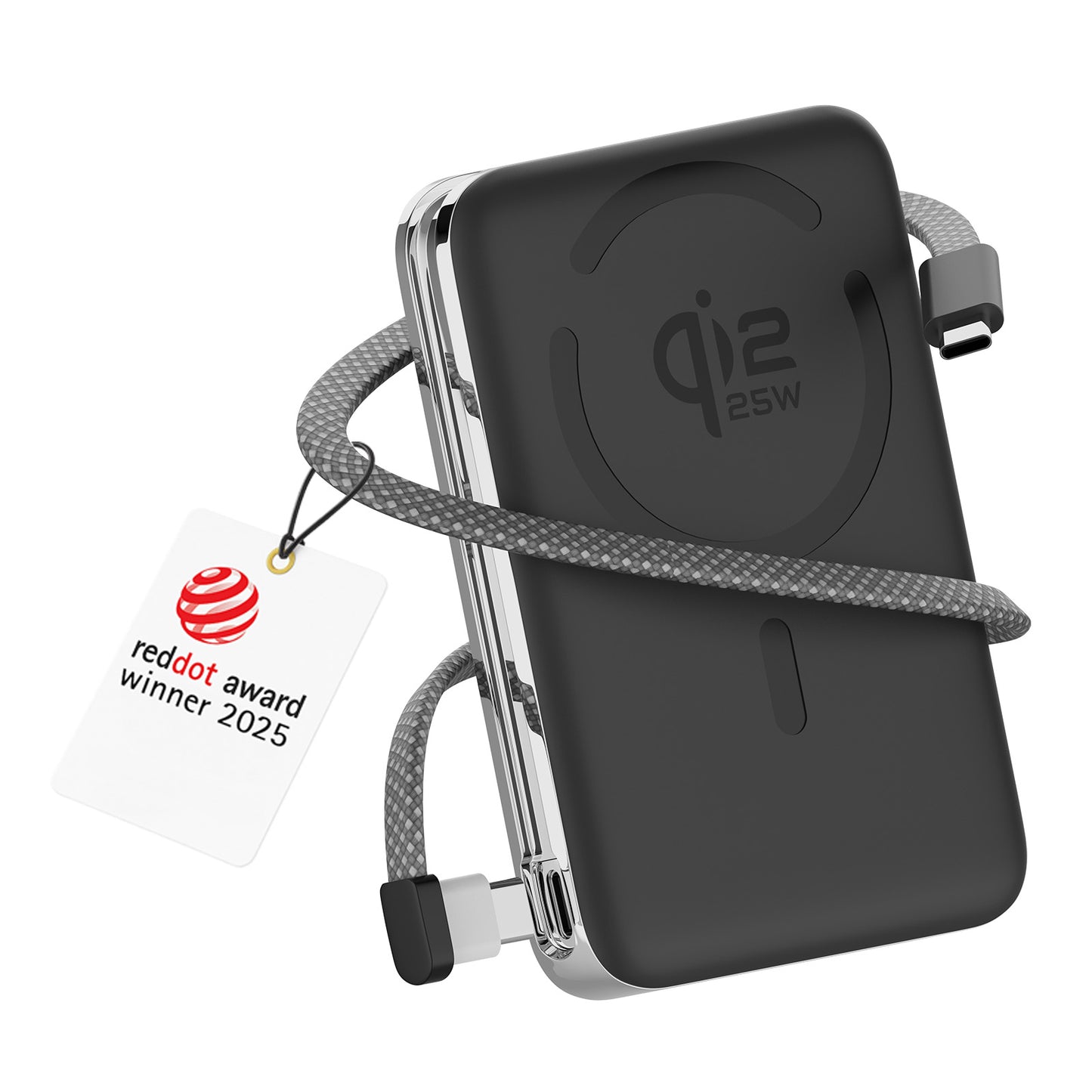 Black wireless charger with cable and Red Dot Award tag on a white background