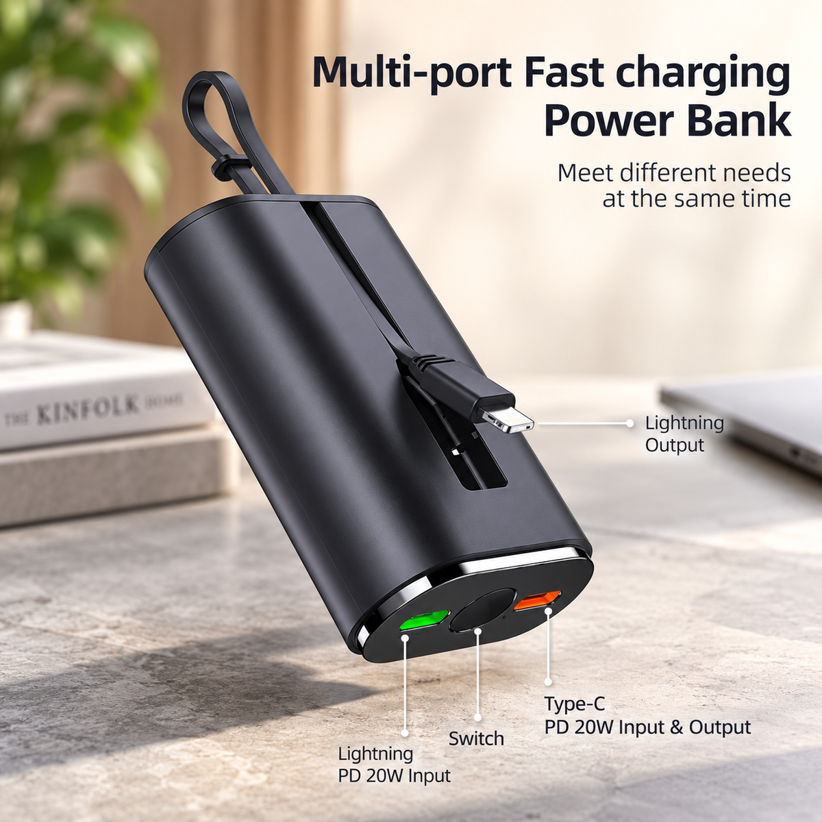 WanderS 5000mAh Phone & Apple Watch Power Bank with Built-in Cable