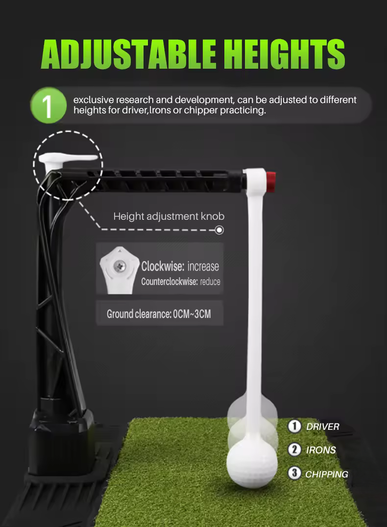 Adjustable height golf target practice stand with a black metal base, white upright target, and green turf mat on a dark background, with text explaining height adjustment.