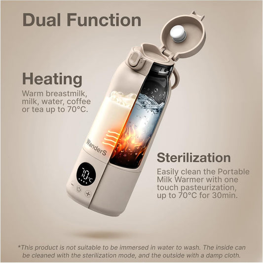Portable Milk Warmer & Baby Bottle Sterilizer - Adjustable 37°C-70°C, USB-C Rechargeable, 500ml Capacity