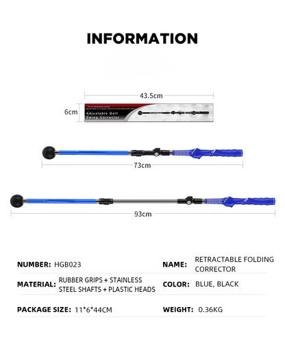 Information sheet for a retractable folding corrector, showing the product with dimension labels (43.5cm, 6cm, 73cm, 93cm) and text listing number, name, material, color, and package size/weight on a white background.