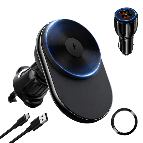 Black wireless car charger with a blue illuminated charging pad, shown with a USB-C cable, car adapter, and charging ring on a dark gray background.