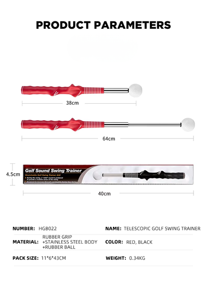 Telescopic golf swing trainer with dimensions and specifications on a white background