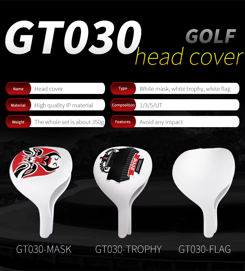 Golf head covers with GT030 branding on a black background
