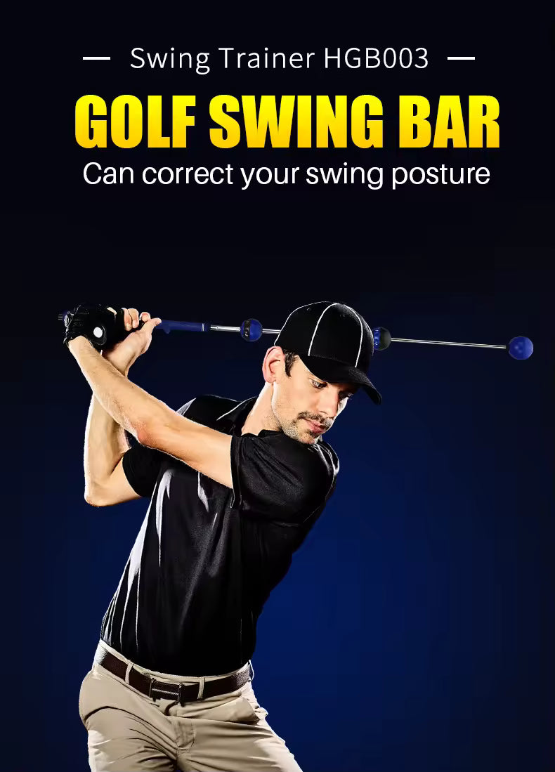 Golf swing trainer with a man swinging a golf club against a dark background
