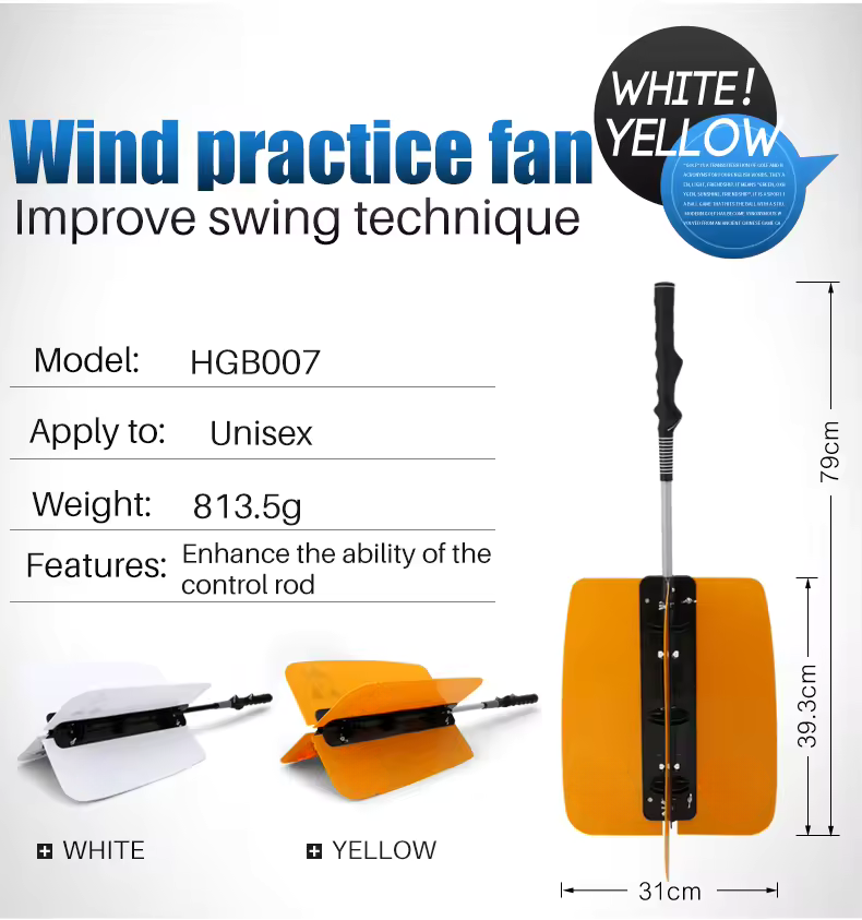 Wind practice fan with specifications and features on a white background