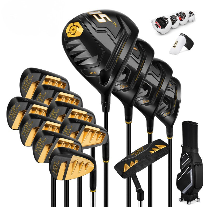 A 14-piece golf club set with black and gold clubs, shown alongside a black and gray golf bag on a white background. The clubs feature a modern black and gold design with gold-colored faces.