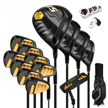 A 14-piece golf club set with black and gold clubs, shown alongside a black and gray golf bag on a white background. The clubs feature a modern black and gold design with gold-colored faces.