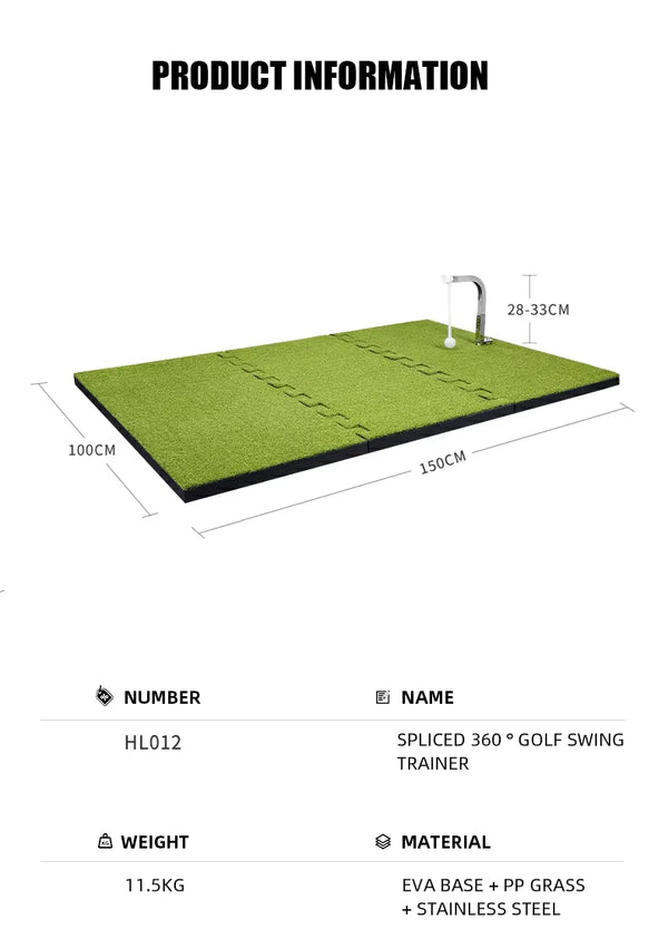 Product information diagram for a golf swing trainer, showing a green rectangular turf mat with a metal ball launcher on top, labeled dimensions 150cm by 100cm, plus text listing model HL012, name SPLICED 360° GOLF SWING TRAINER, weight 11.5KG, and material EVA base + PP grass + stainless steel.
