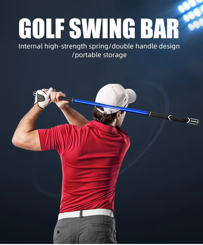 Person holding a golf swing bar with text about its features on a dark background