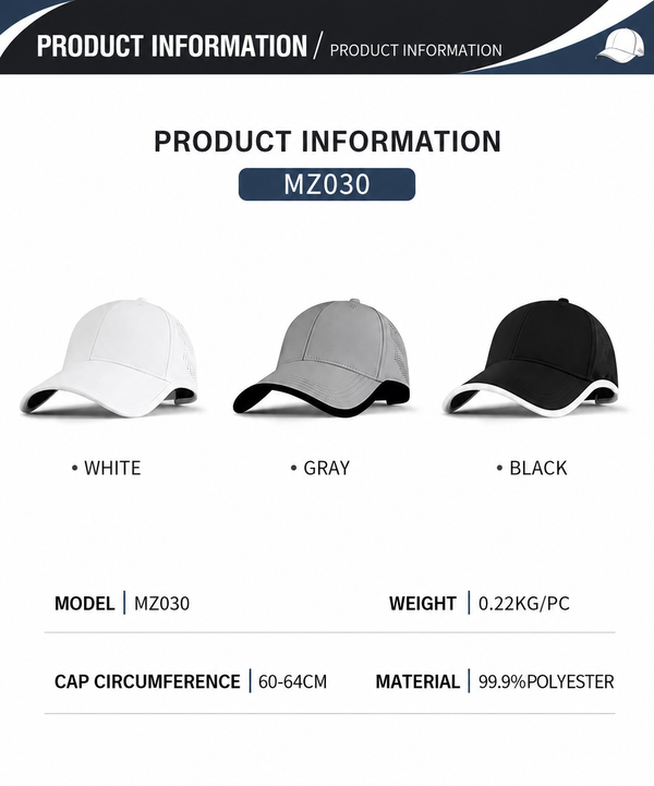 Product information graphic showing three baseball caps in white, gray, and black, with text listing model MZ030, weight 0.22KG/PC, cap circumference 60-64CM, and material 99.