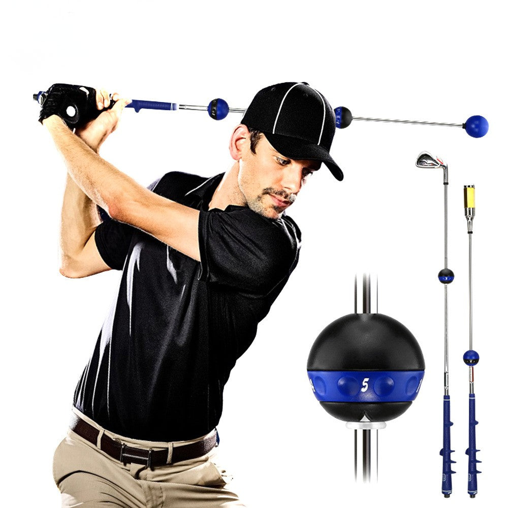 Man practicing golf swing with a golf training device on a white background