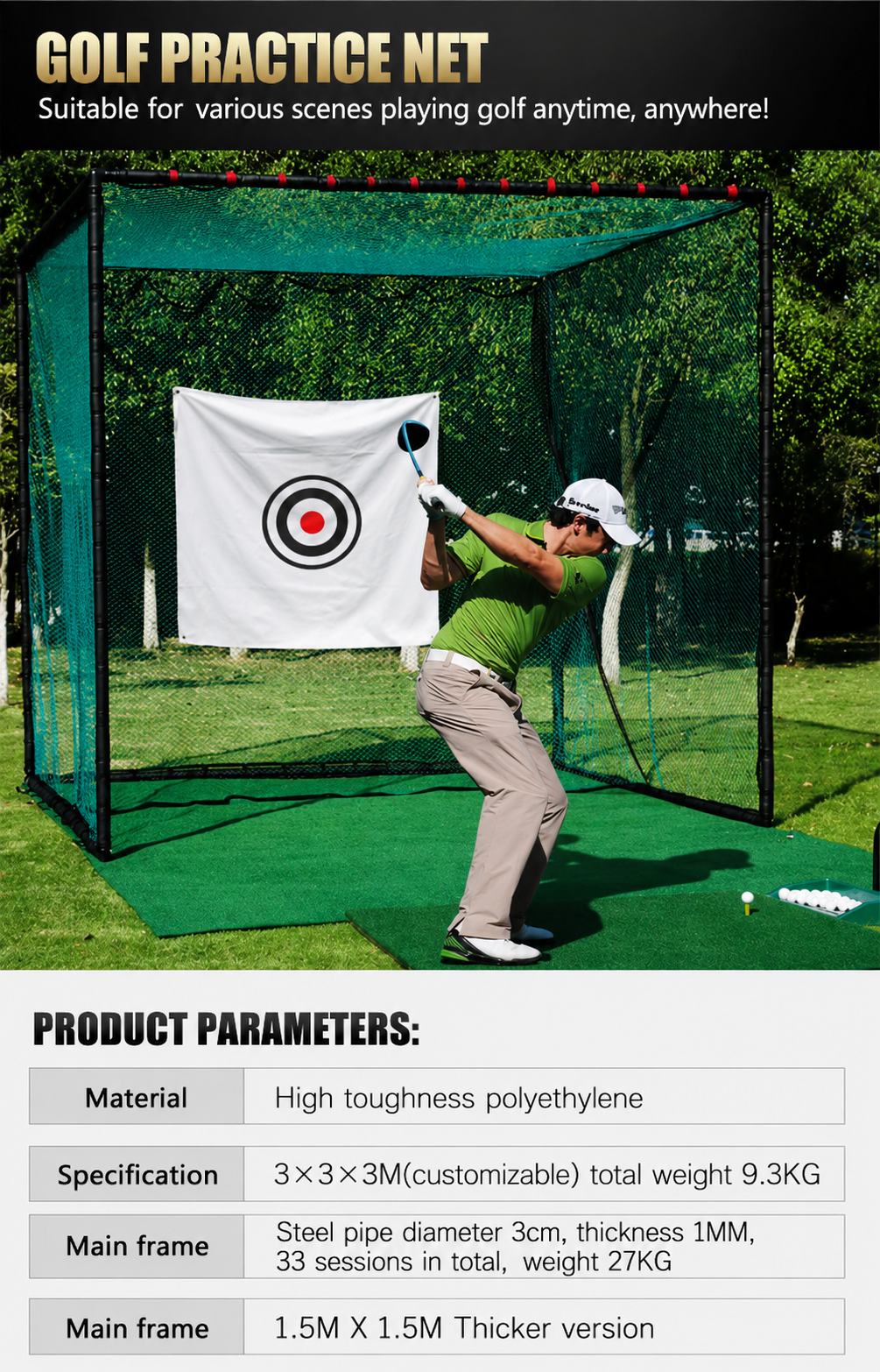 A golf practice net shown in use outdoors, with a person swinging a golf club inside the net. The net has a green mesh body, a black frame, a white target banner, and a green turf mat.