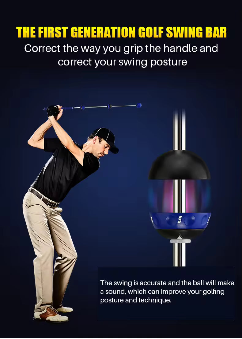 Golf swing bar product with a golfer demonstrating its use on a dark blue background