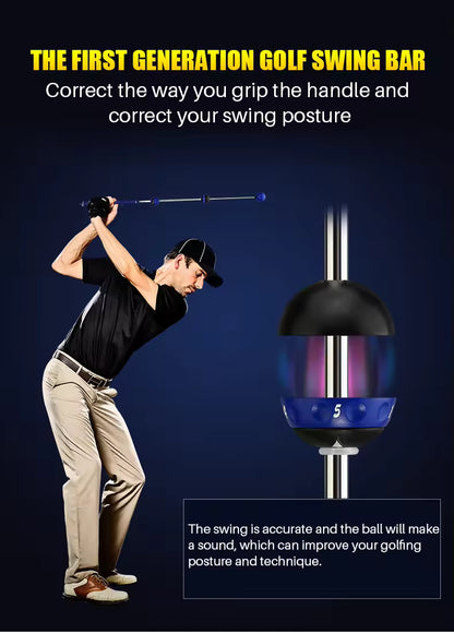 Golf swing bar product with a golfer demonstrating its use on a dark blue background