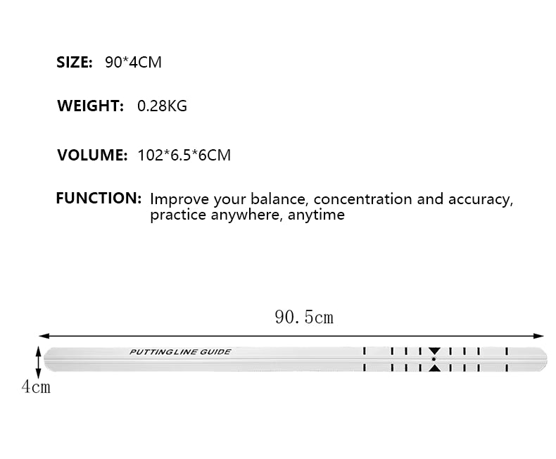 A white putting line guide with printed black alignment marks and text, shown with size, weight, and volume specifications and a dimension diagram on a white background.