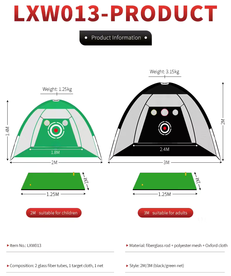 Product information for a golf practice net with dimensions and weight details.