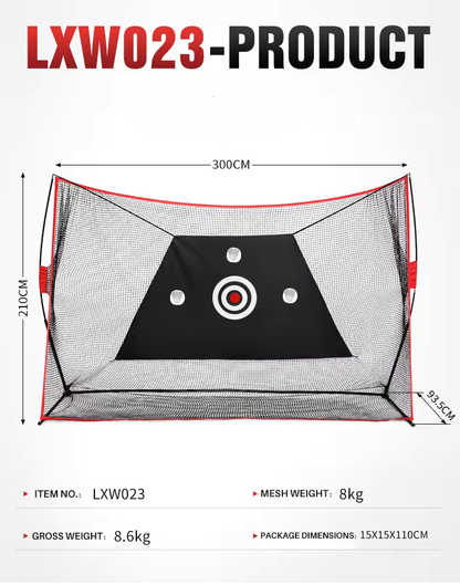 A golf target practice net shown on a white background with measurement lines and text. The net is black mesh with red trim and a black target panel in the center featuring white and red bullseye details.
