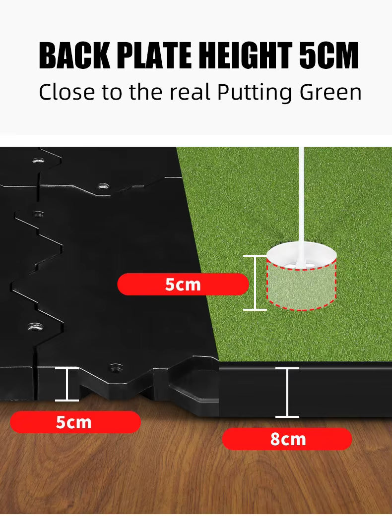 Golf practice mat with back plate height measurement and comparison to a real putting green.
