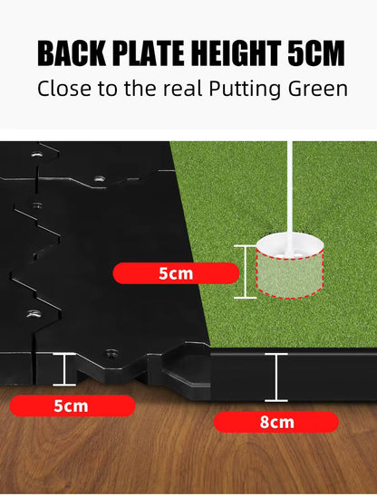 Golf practice mat with back plate height measurement and comparison to a real putting green.