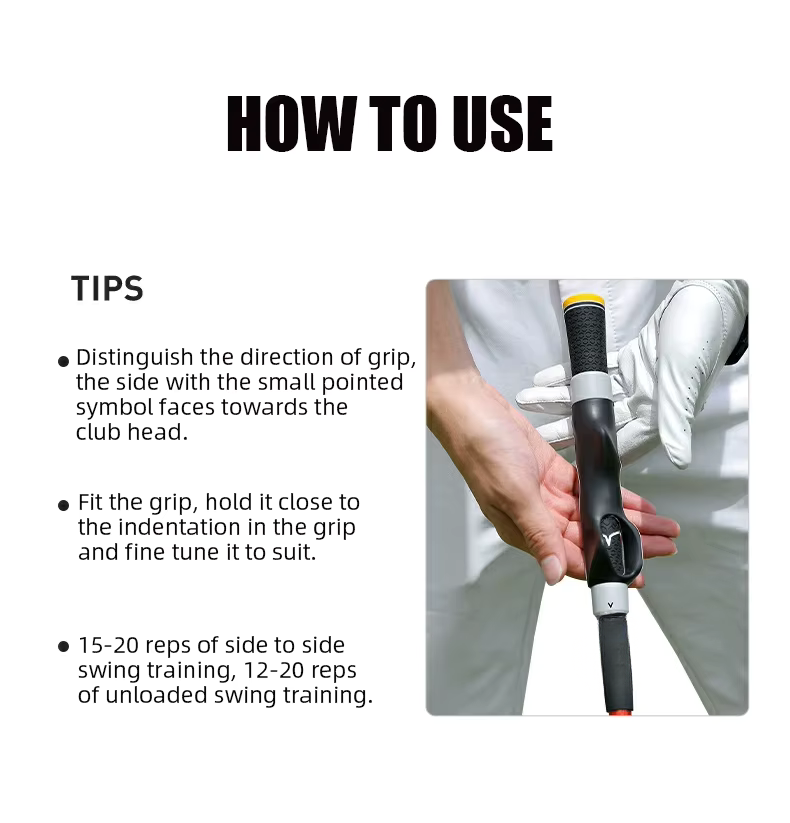 Golf club grip with text on how to use it