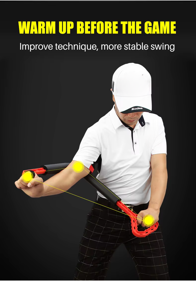 A man in a white polo shirt and cap demonstrates a golf swing assist device with red and black handles and yellow balls against a black background, with promotional text at the top.