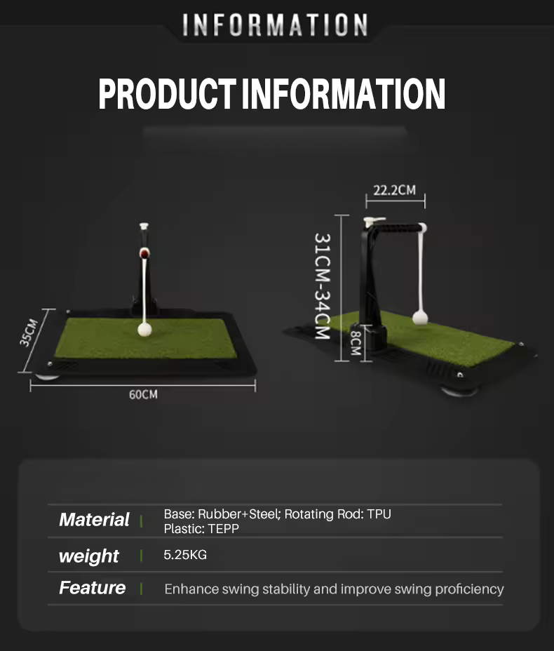 Product information graphic for a golf putting simulator, showing front and side views with dimensions, plus material and weight details on a dark background.
