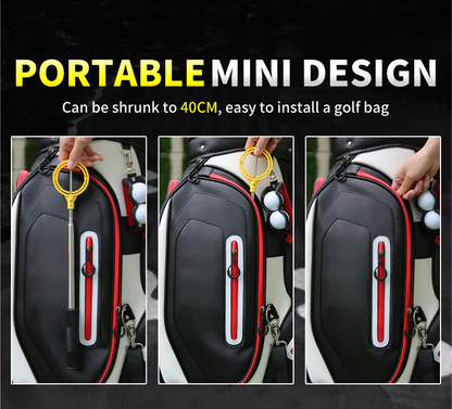 Promotional graphic for a portable mini golf bag installation tool, showing three panels of a hand using a yellow ring-shaped tool to shrink-wrap a black and white golf bag. The top text reads 'PORTABLE MINI DESIGN' and 'Can be shrunk to 40CM, easy to install a golf bag'.