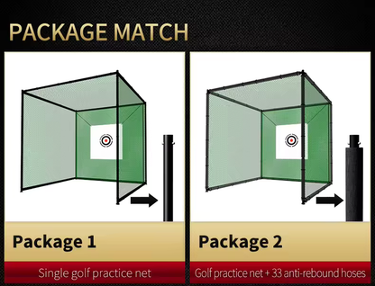 A comparison graphic titled 'PACKAGE MATCH' showing two golf practice net setups labeled 'Package 1' and 'Package 2'. The left setup is a single green practice net, while the right setup includes a green practice net plus 33 anti-rebound hoses, depicted with black hose reels.