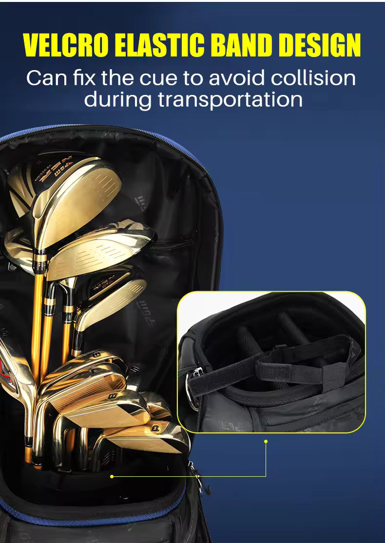 A golf club set inside a black golf bag with a blue interior, featuring promotional text about a 'VELCRO ELASTIC BAND DESIGN' and a small inset showing the elastic band attachment inside the bag.