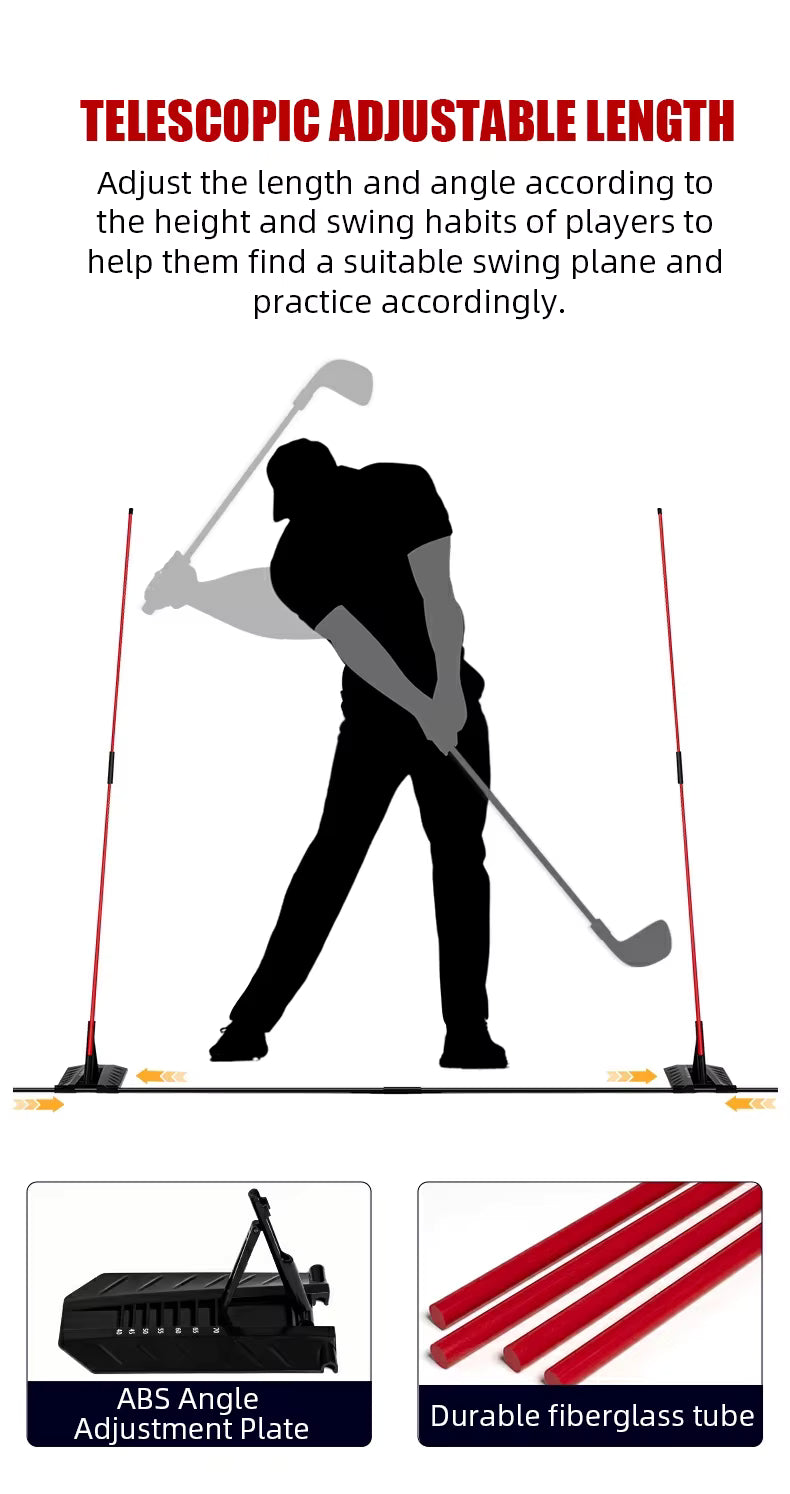 Instructional product graphic for a golf swing training device. The top section shows a golfer silhouette with text explaining telescopic adjustable length and angle adjustment.