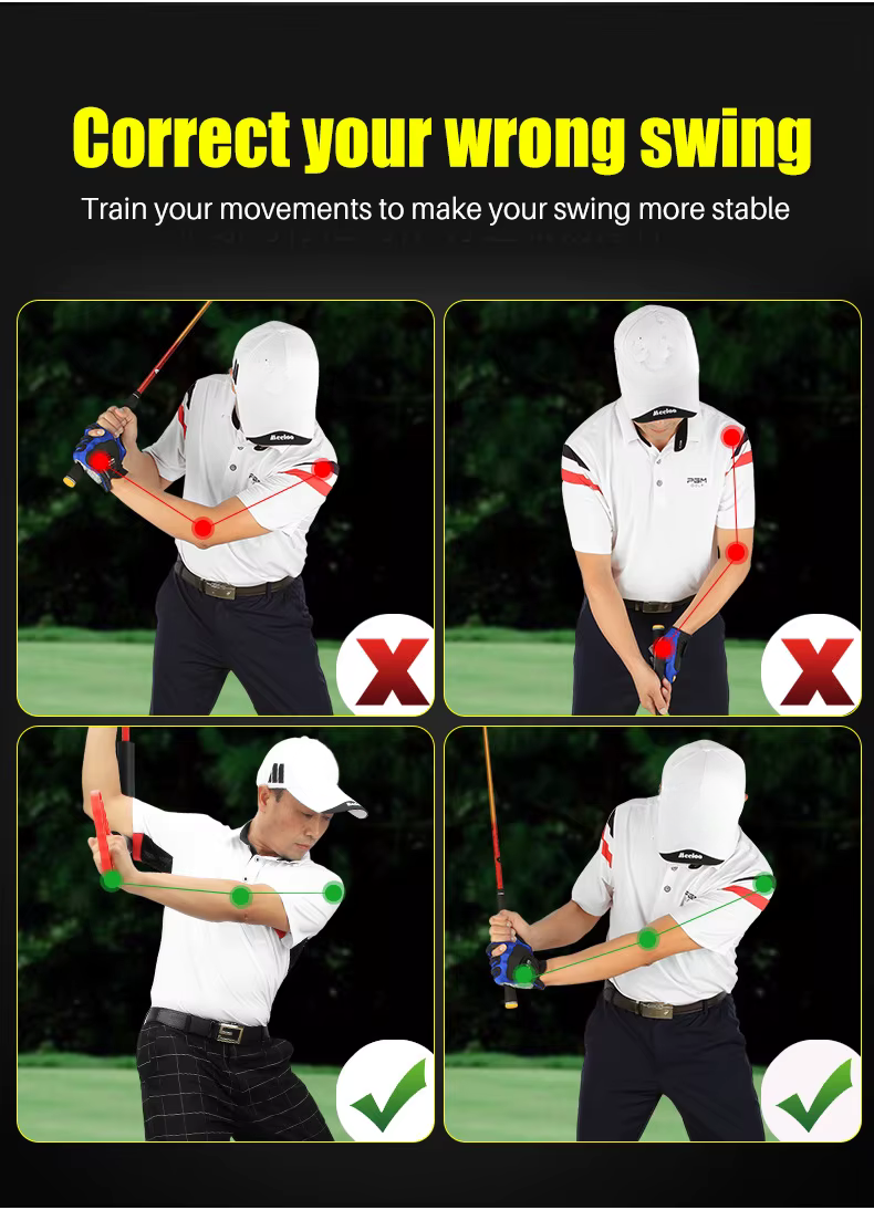An instructional golf swing comparison graphic with four panels showing a golfer from the back, labeled with red 'X' marks for incorrect form and green check marks for correct form, with text at the top reading 'Correct your wrong swing'.