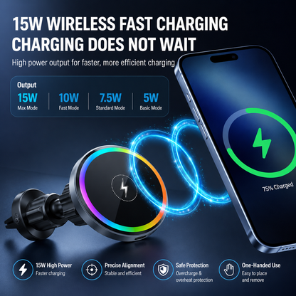 WanderS 15W RGB LED Car Mounted Wireless Charger with Electroplated Frame