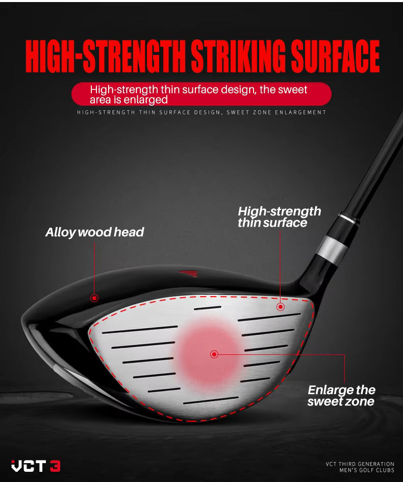 Technical marketing graphic for a golf club head showing the striking surface, with labeled callouts including Alloy wood head, High-strength thin surface, and Enlarge the sweet zone. The image includes explanatory text and a red highlighted sweet-zone area on a dark background.