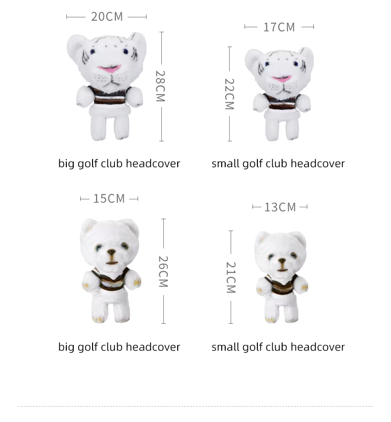 Measurement chart of white bear-shaped golf club headcovers with dimensions.