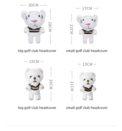 Measurement chart of white bear-shaped golf club headcovers with dimensions.