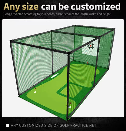 A golf practice net enclosure with green turf flooring and black netting walls, shown on a white background with promotional text stating any size can be customized.