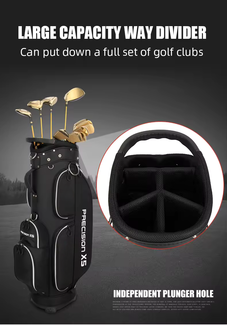 Black golf bag with gold-tone clubs inserted, shown on a dark gradient background with marketing text and a circular inset detail of the interior divider.