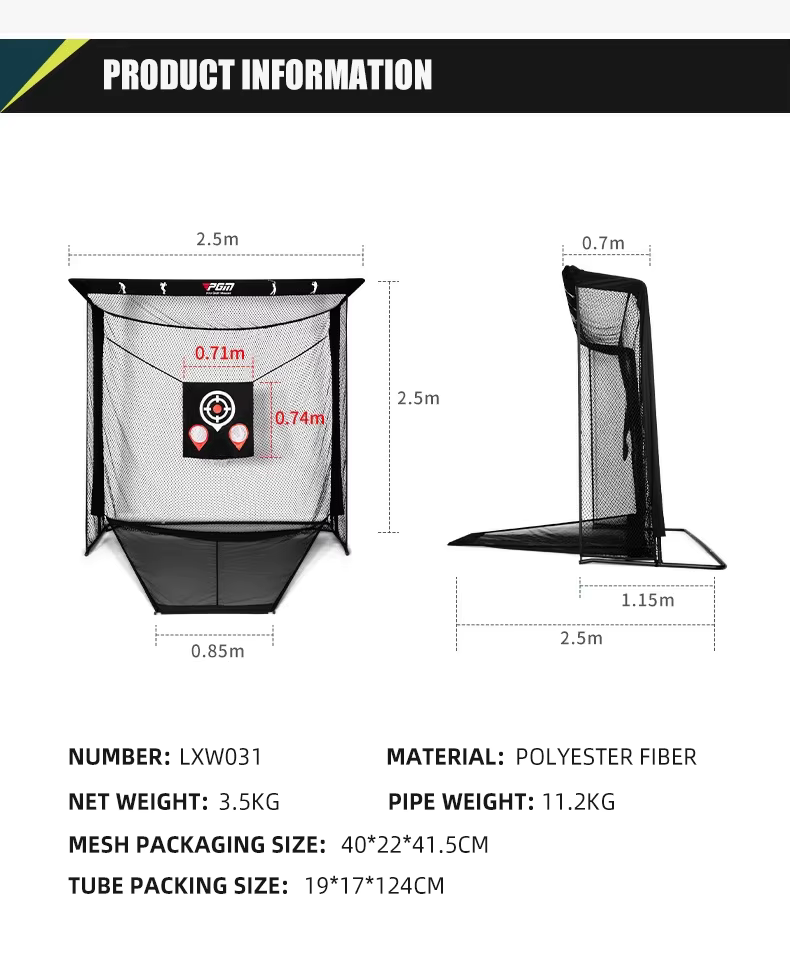 Product information diagram for a polyester fiber golf net, showing front and side views with dimensions, plus text listing number LXW031, material, net weight 3.5KG, pipe weight 11.