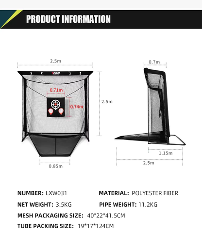 Product information diagram for a polyester fiber golf net, showing front and side views with dimensions, plus text listing number LXW031, material, net weight 3.5KG, pipe weight 11.