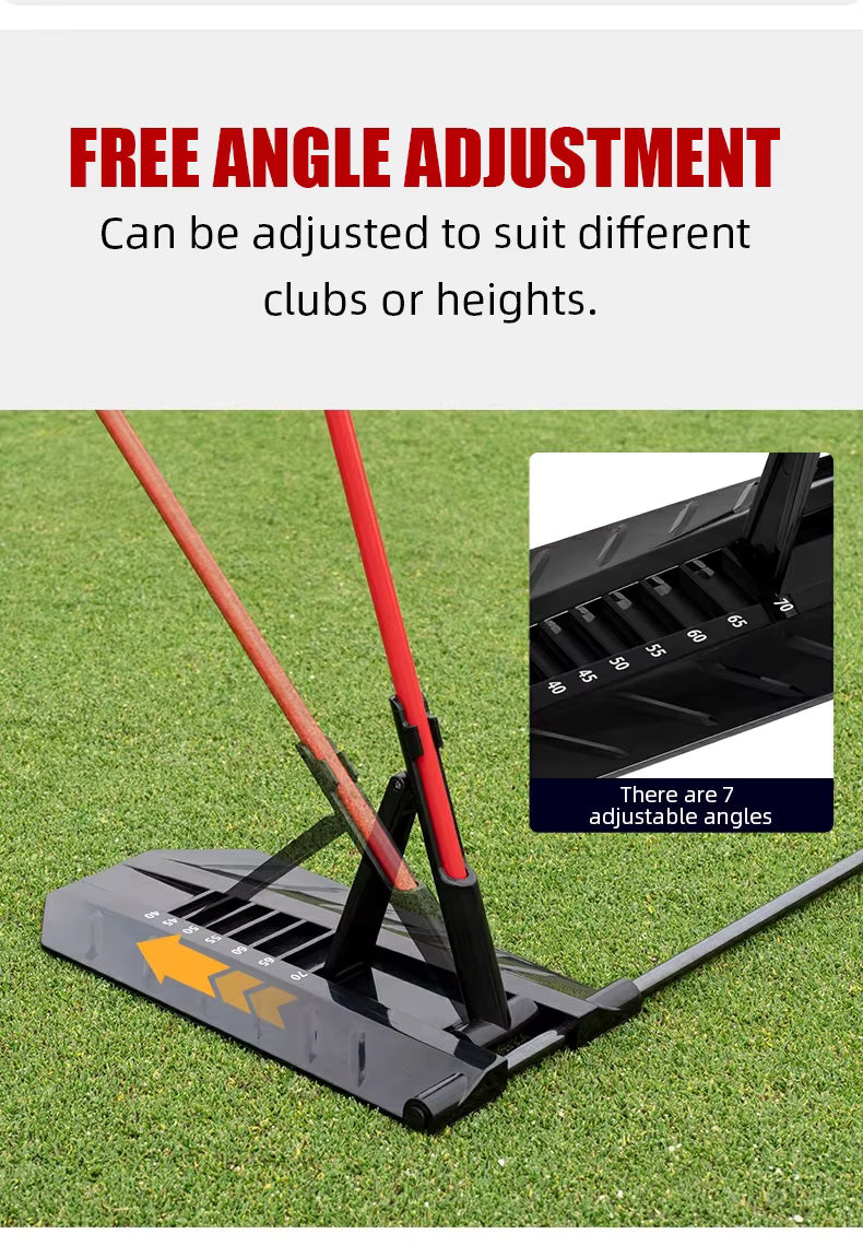A golf training wedge or club-hitting tool shown on green grass with red handles, plus marketing text reading 'FREE ANGLE ADJUSTMENT' and a small inset showing the adjustable black head with 7 angles.