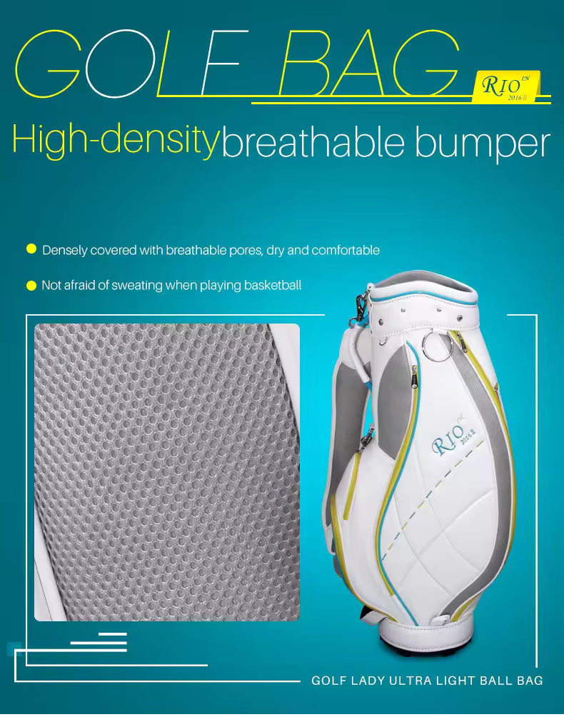 White and gray RIO golf bag with yellow and blue accents, shown alongside a close-up of its breathable mesh texture on a teal promotional background with text overlays.