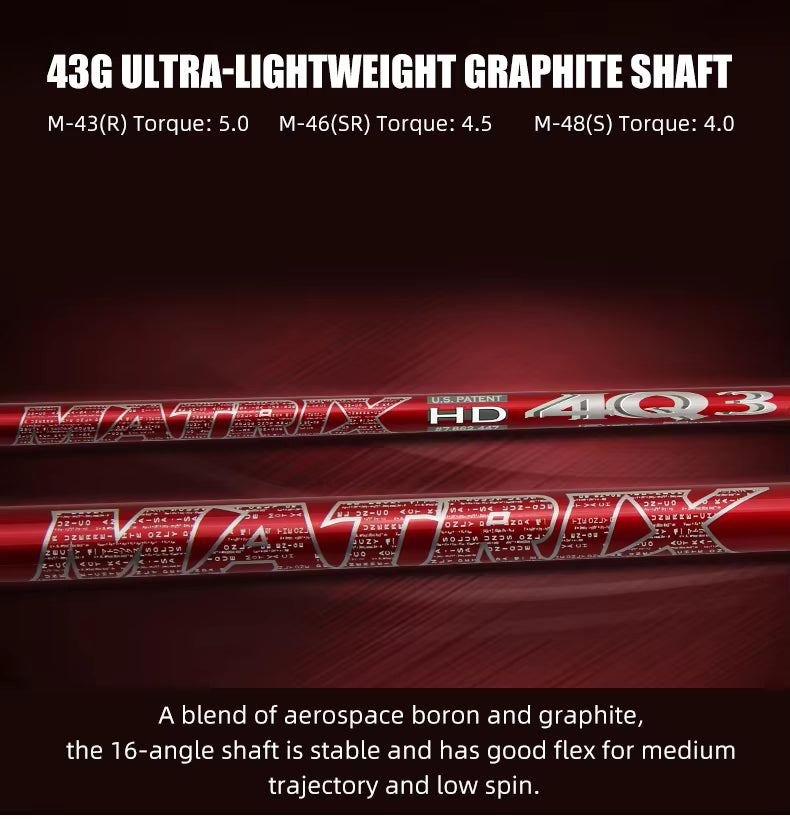 Promotional graphic for a Matrix 43G Ultra-Lightweight Graphite Shaft, showing two red and silver graphite shafts with text detailing torque ratings and material benefits on a dark red background.