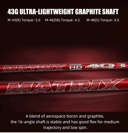Promotional graphic for a Matrix 43G Ultra-Lightweight Graphite Shaft, showing two red and silver graphite shafts with text detailing torque ratings and material benefits on a dark red background.