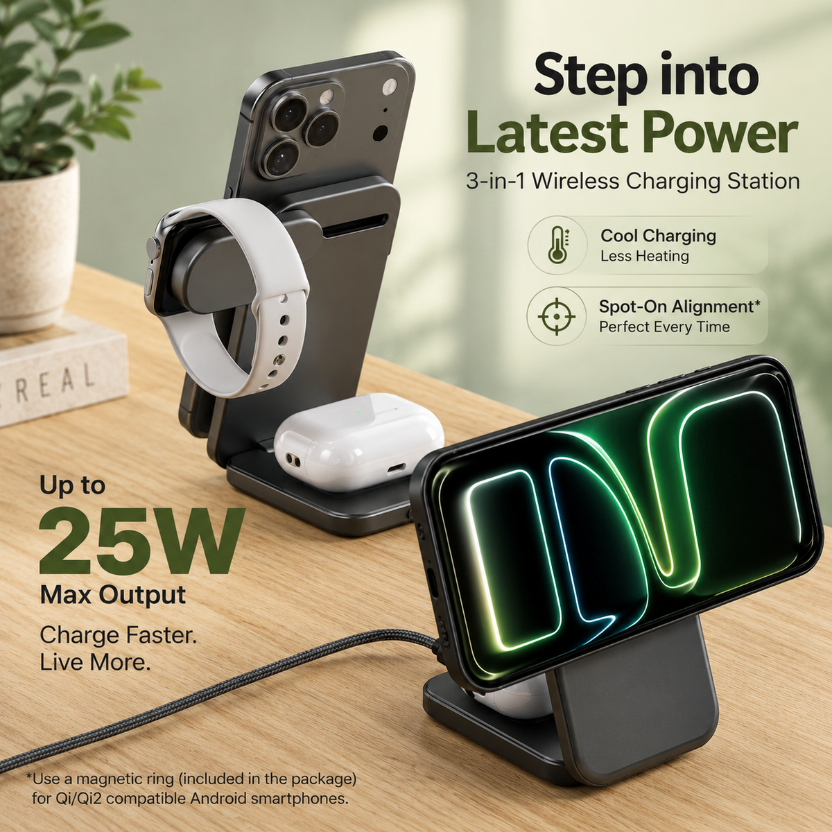 WanderS 3-in-1 Qi2.2 25W Cooling Desktop Wireless Charger