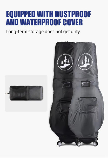 Two tall protective instrument cases, one black and one gray, shown on a white background with marketing text at the top and a small inset of a matching black cover.