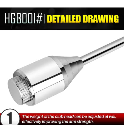 Chrome golf club head with text about weight adjustment on a white background