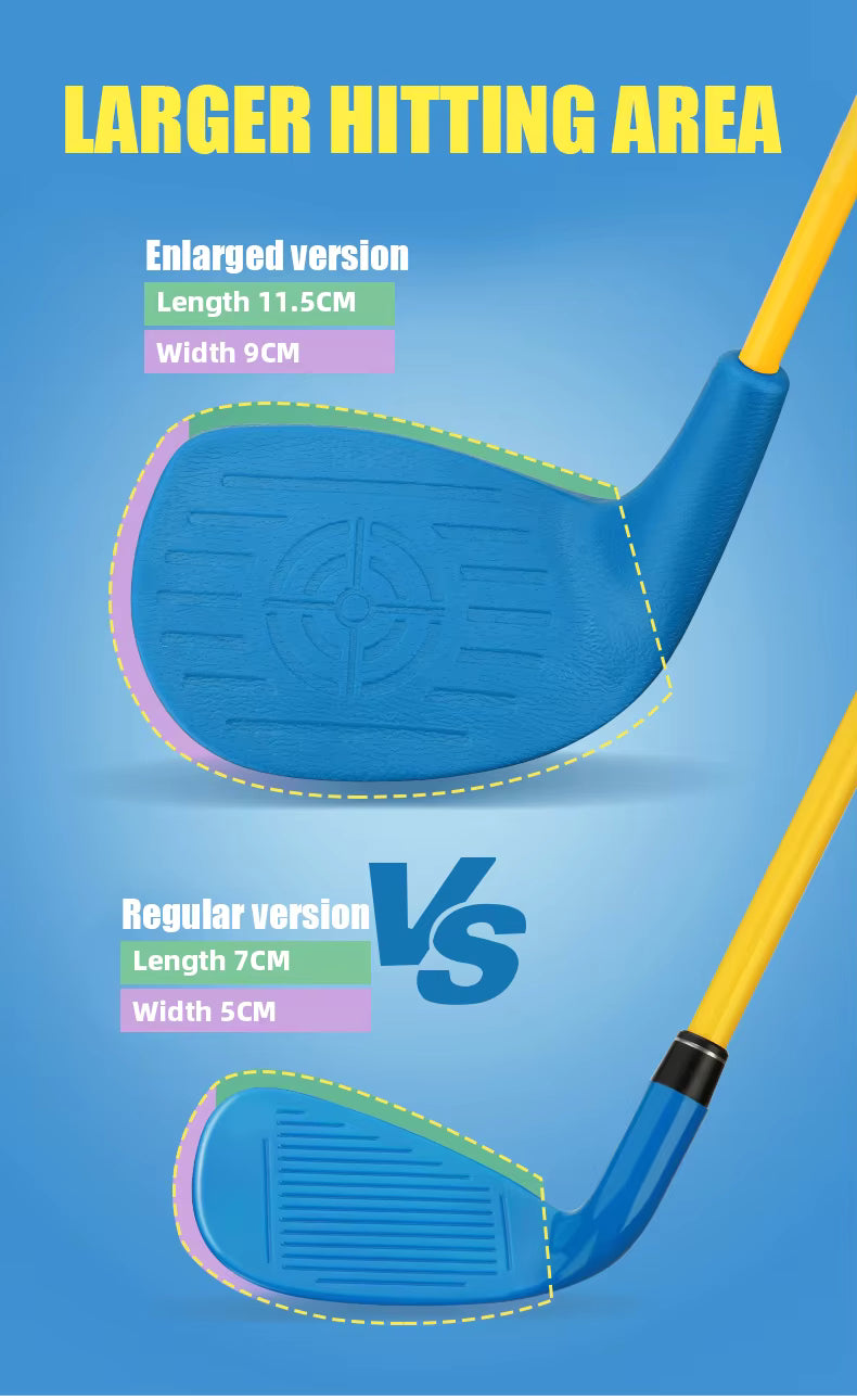 Blue and yellow golf club head comparison graphic with text labels for enlarged version (11.5 cm length, 9 cm width) versus regular version (7 cm length, 5 cm width), under the headline 'LARGER HITTING AREA'.